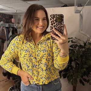 Alice + Olivia Quinlan Floral 1/4 Zip Pullover Cropped Hoodie Yellow Size Small